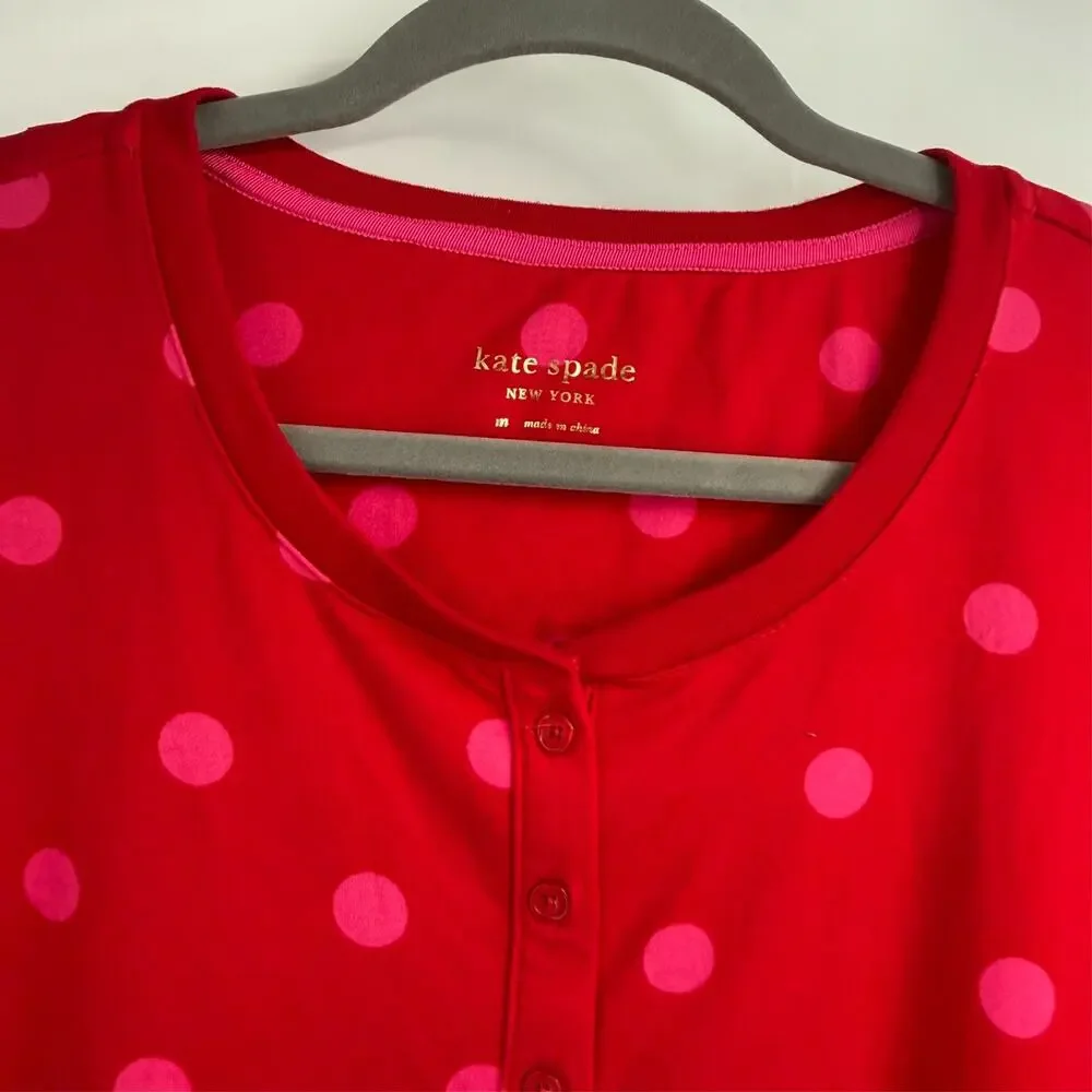 Kate Spade Polka Dot Henley Pajama Top Women Medium Red Long Sleeve Sleepwear